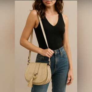 Ralph Lauren Gold Textured Leather Crossbody Bag Boho Saddle Style